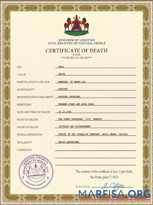 Downloadable Lesotho vital record death certificate PSD template
